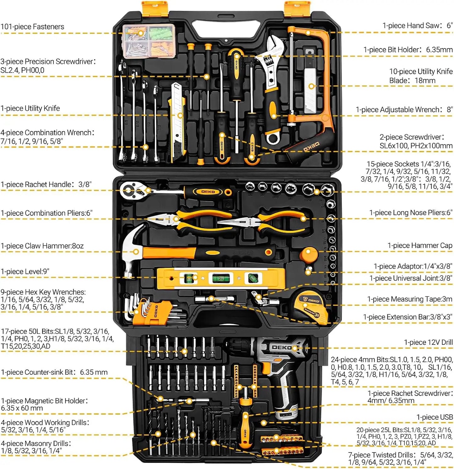 DEKODIY Home Mechanic Toolbox With 12V Cordless Drill Set