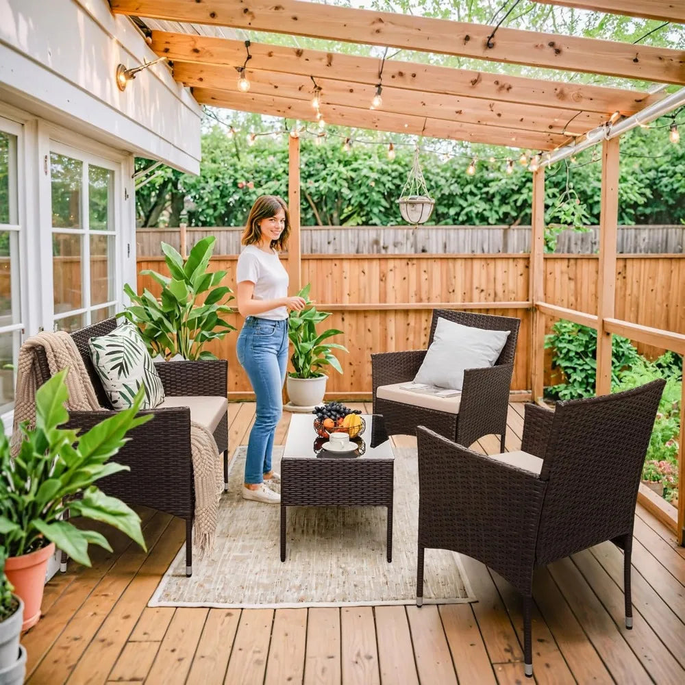 Outdoor Patio 4 Piece Rattan Wicker Furniture Set For Garden