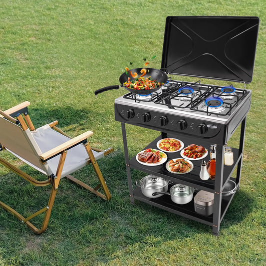 5 Burner Gas Stove Outdoor Camping Grill With 2 Tier Storage Rack