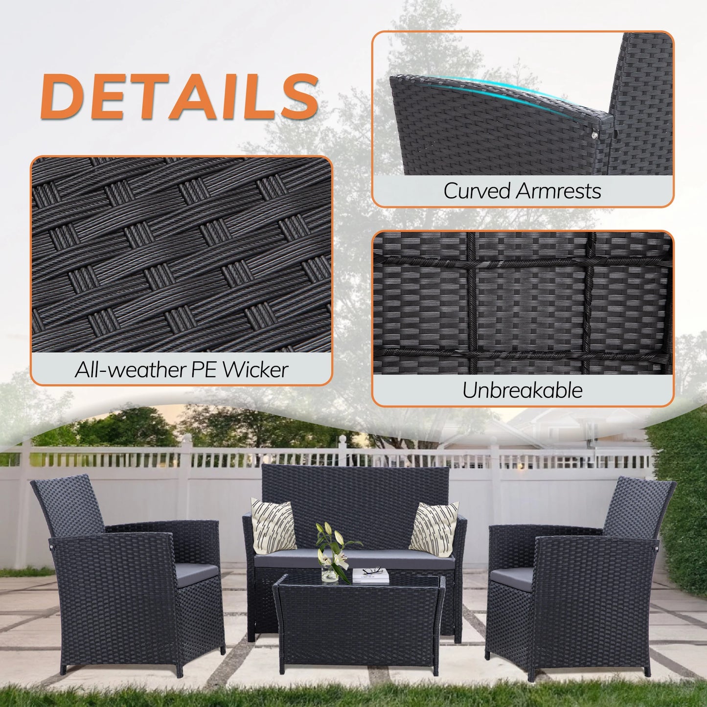 SEOGWISAM 4 Piece Patio Furniture Set Outdoor Wicker Conversation Set