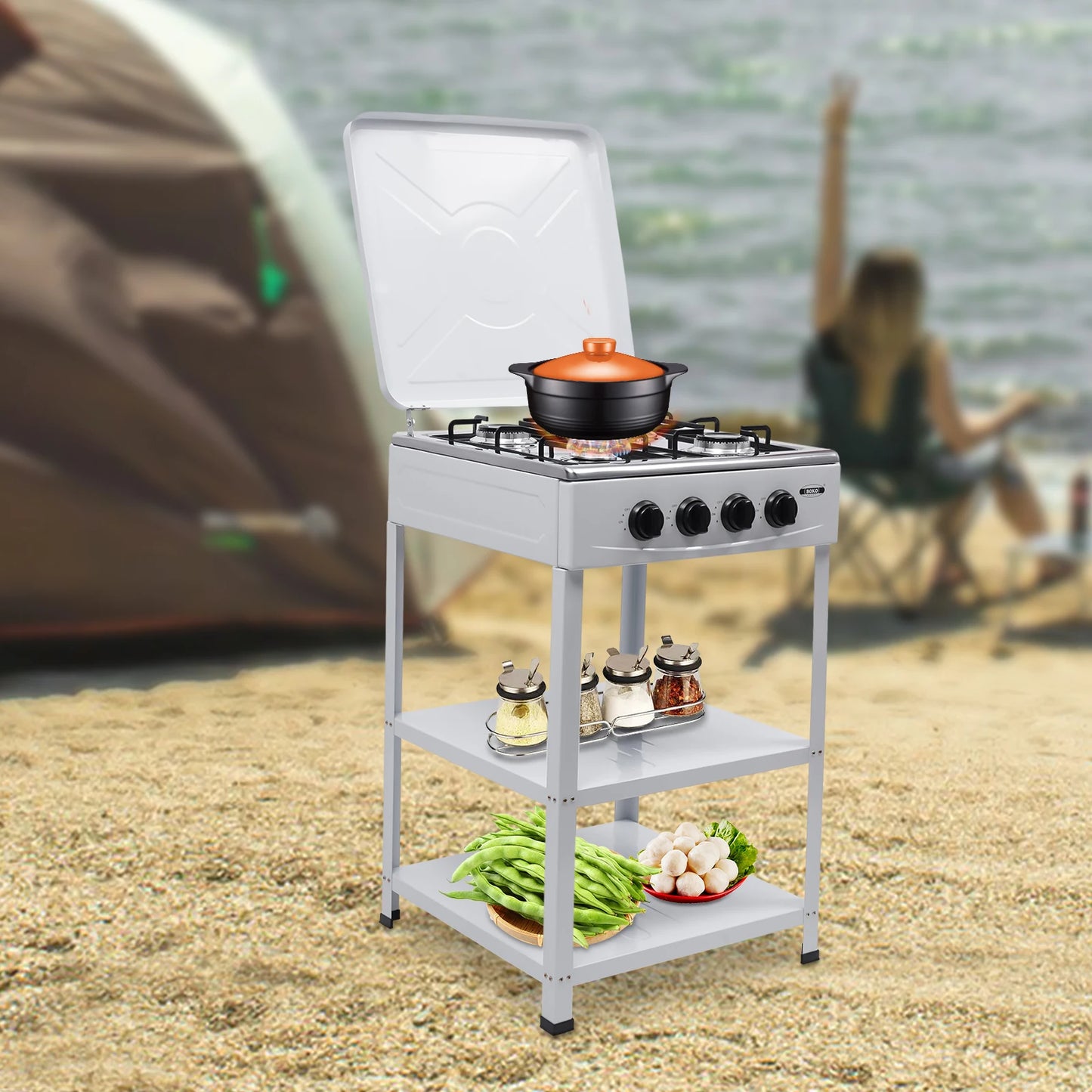 4 Burner Propane Gas Stove With Storage Shelves For Camping
