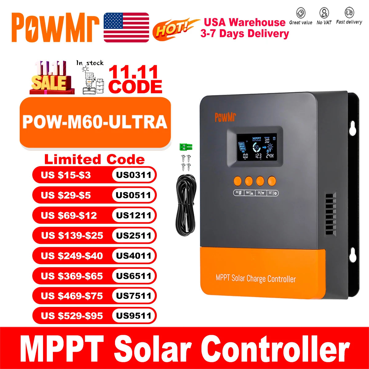 PowMr MPPT 60A Solar Charger Controller LCD Display