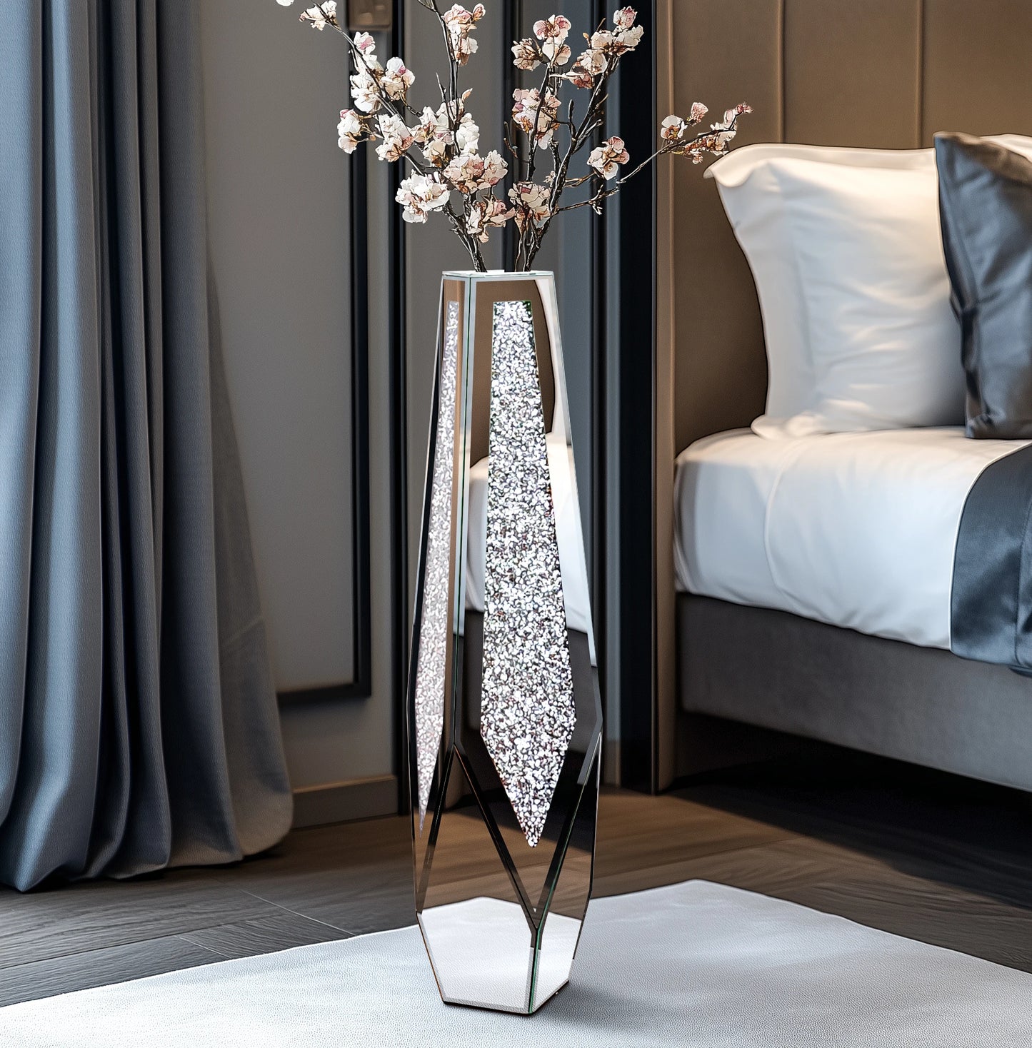Tall Floor Vase With Crushed Diamond Glass Mirror Panels