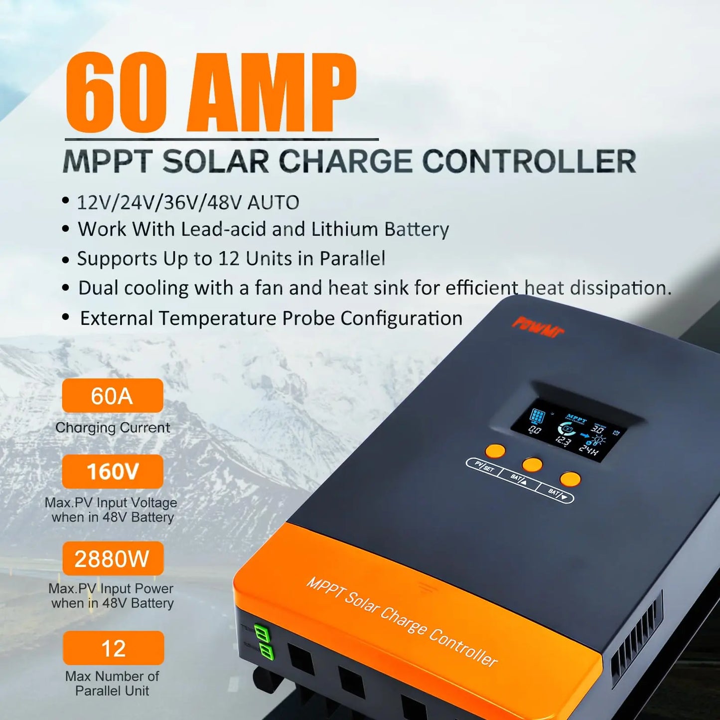 PowMr MPPT 60A Solar Charger Controller LCD Display