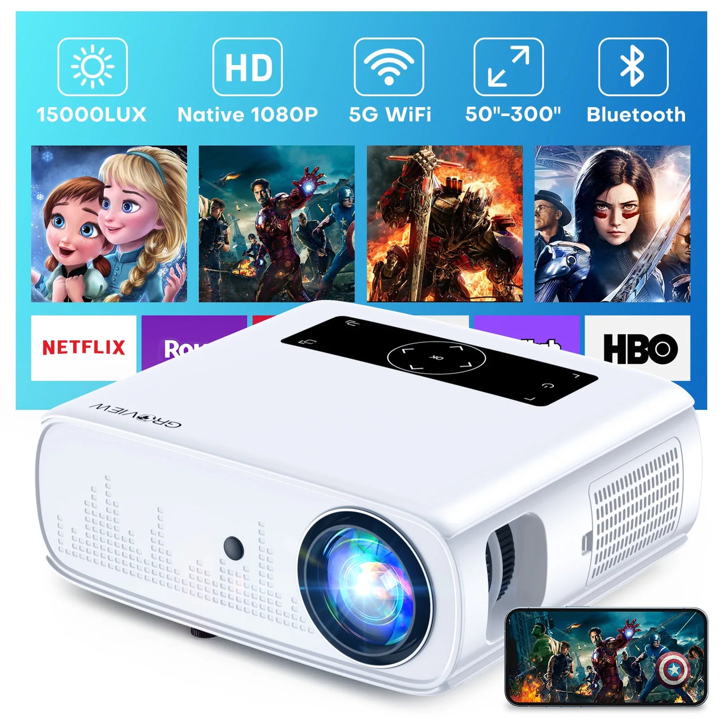 Groview 1080P Projector With WiFi Bluetooth 490 ANSI