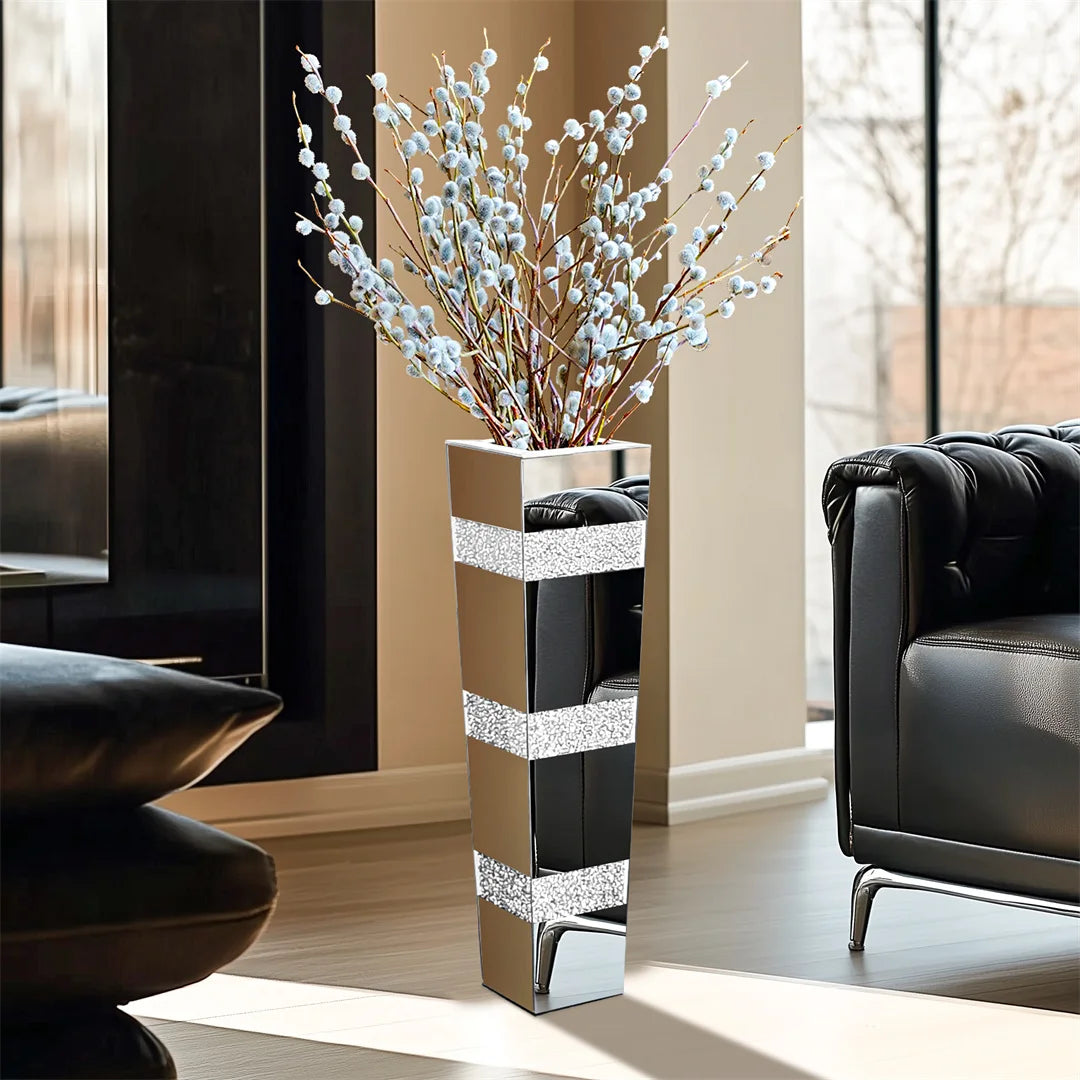 Modern Floor Vase With Crystal Diamond Accents And Mirrored Finish