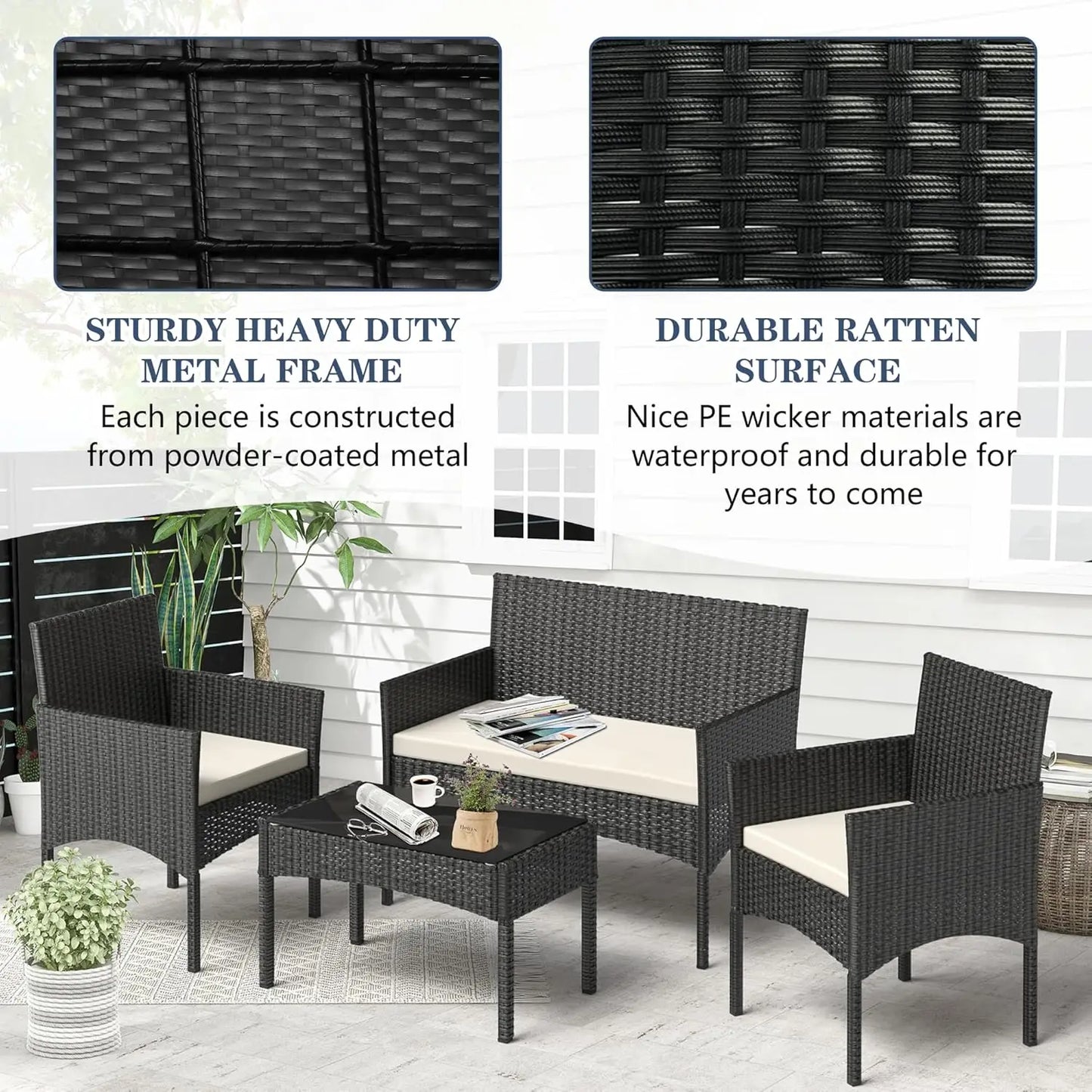Outdoor Wicker Patio Furniture Set With Waterproof Cushions And Table