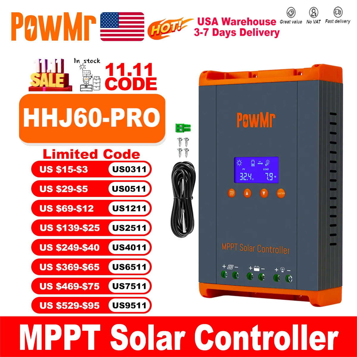PowMr USA 60A MPPT Solar Charge Controller For 12V 48V
