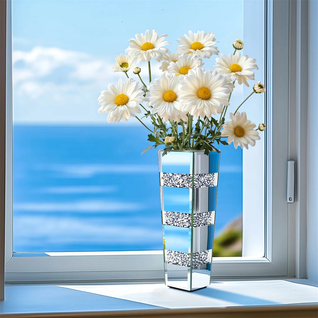 Modern Floor Vase With Crystal Diamond Accents And Mirrored Finish