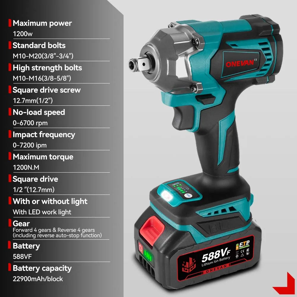 ONEVAN 1200Nm Brushless Impact Wrench With 3 Function Cordless
