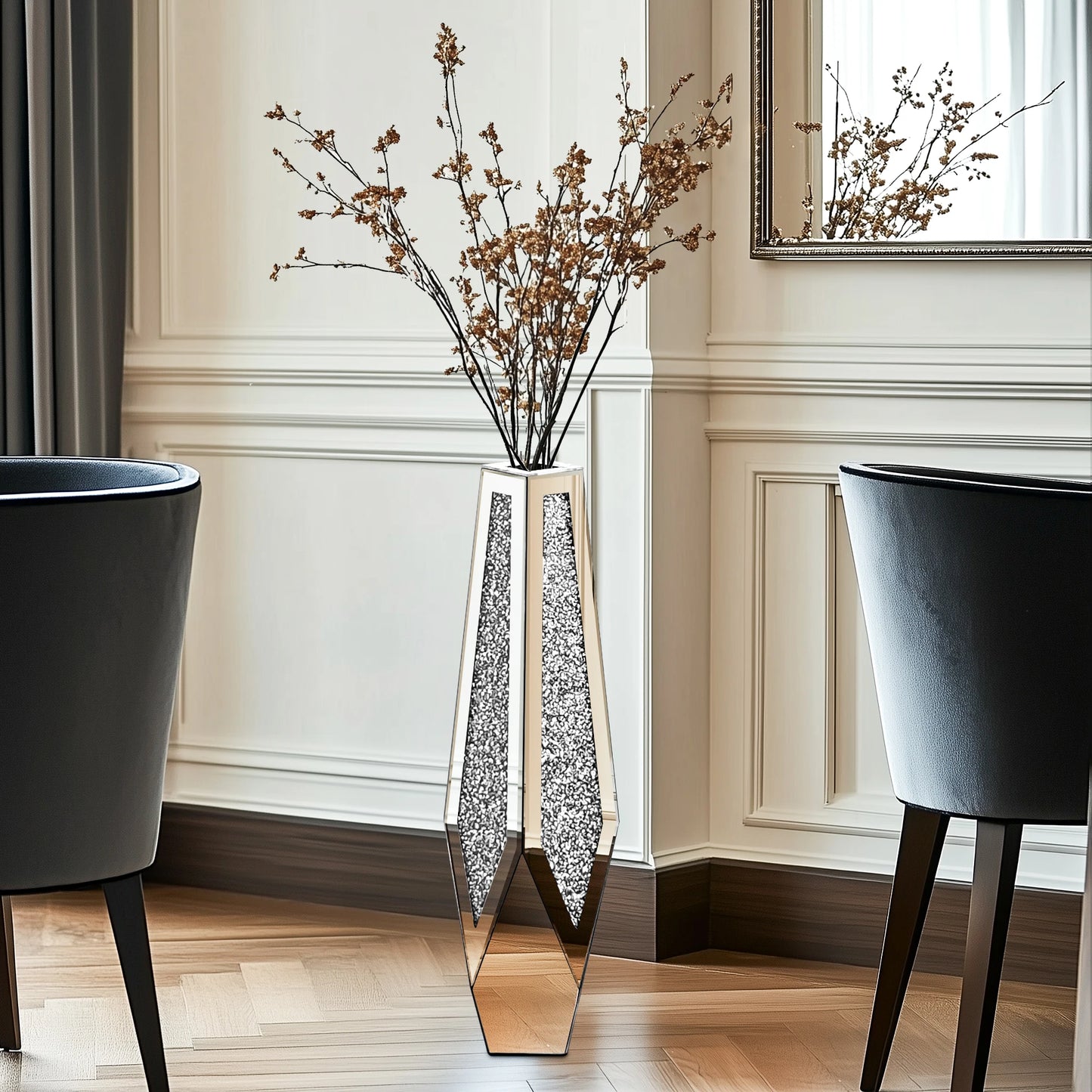 Tall Floor Vase With Crushed Diamond Glass Mirror Panels