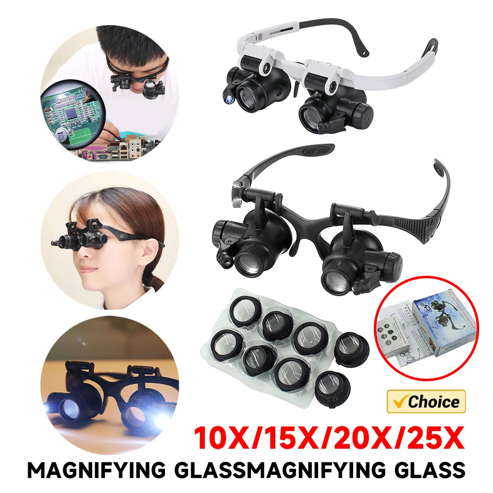 Alloet 10X 15X 20X 25X Lens Observation Head Magnifier Glasses With LED