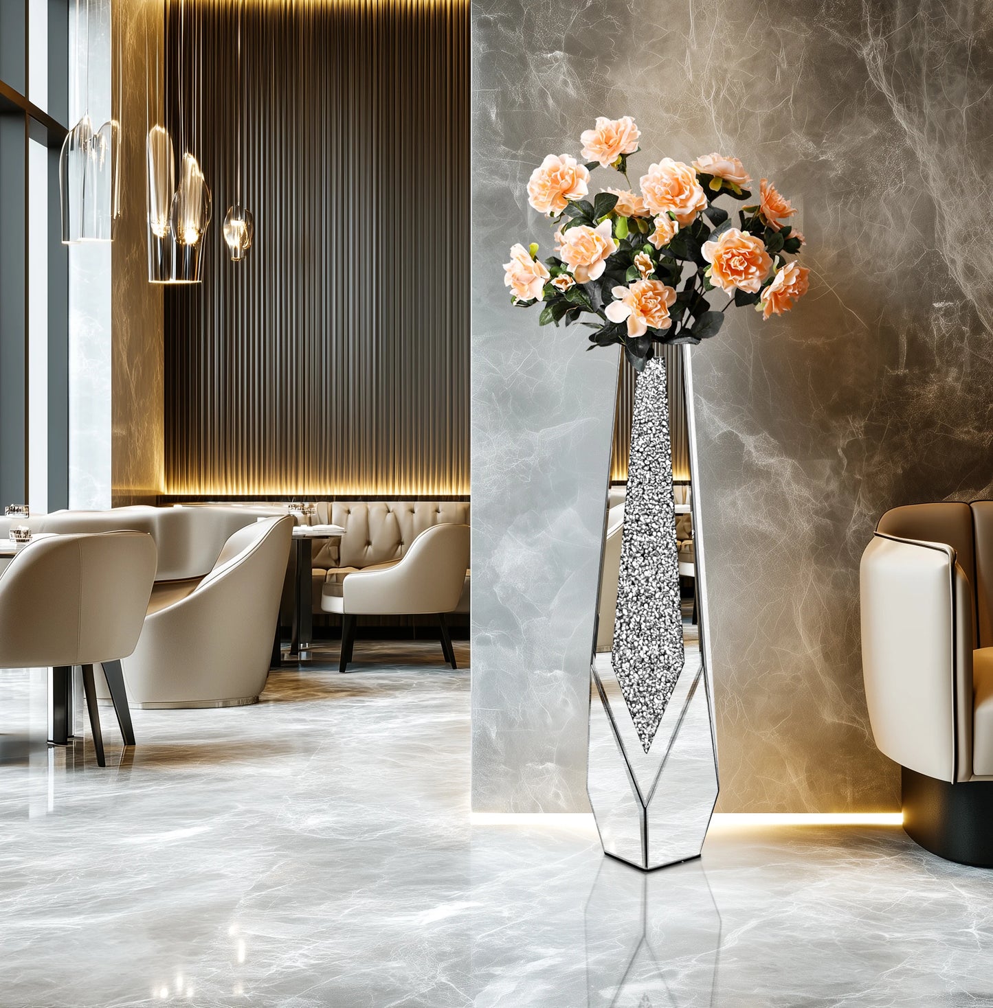 Tall Floor Vase With Crushed Diamond Glass Mirror Panels