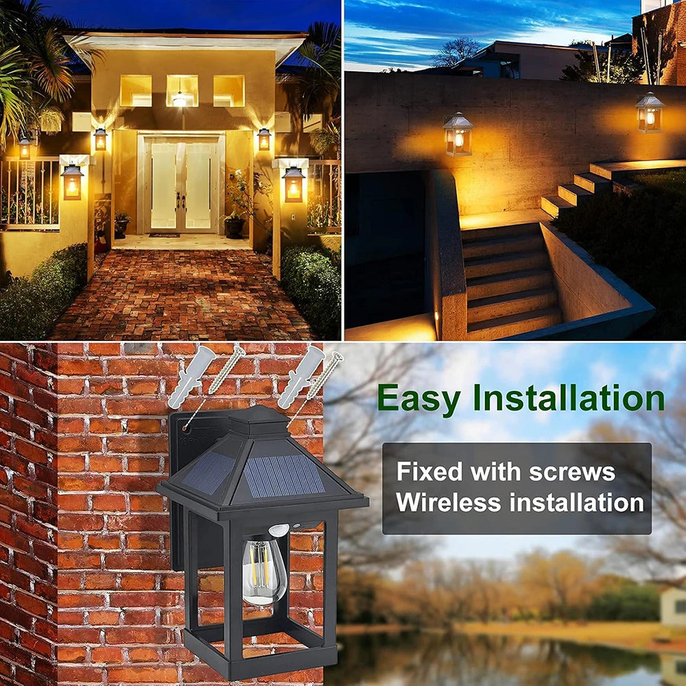 Solar Powered Wall Lanterns 2 Pack Exterior Front Porch Security Lamps LED