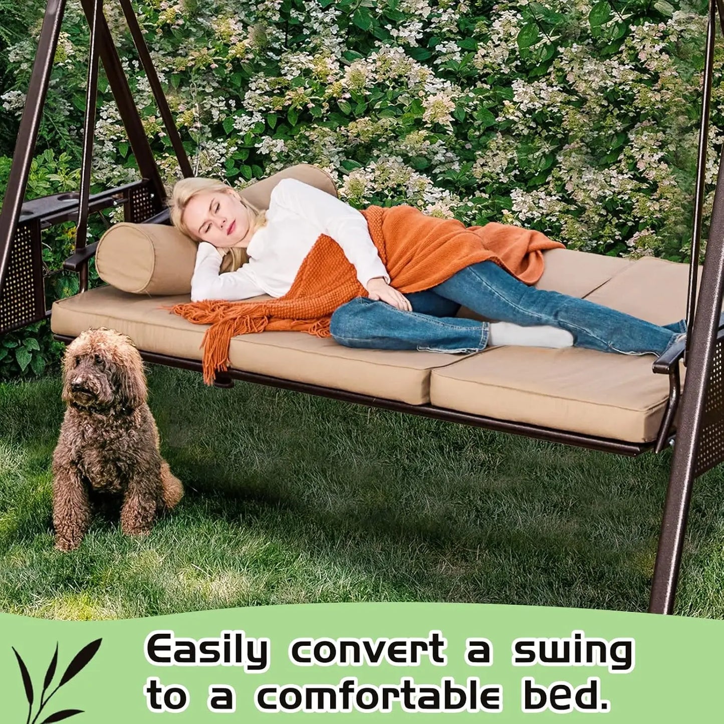 XMSJ Oversized 3 Seat Patio Swing With Cup Holders And Convertible Backrest