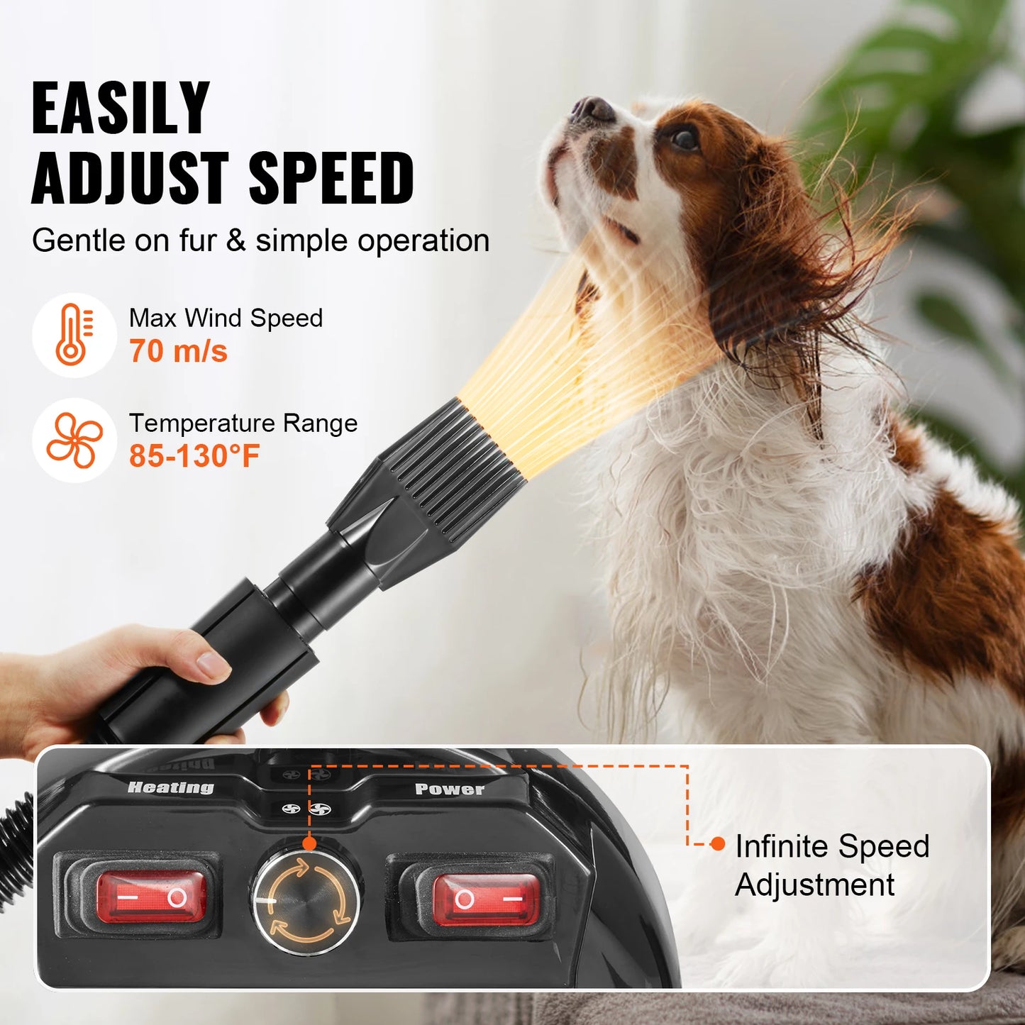 Dog Blow Dryer 2000W Adjustable Speed Temperature Extendable Hose Nozzles