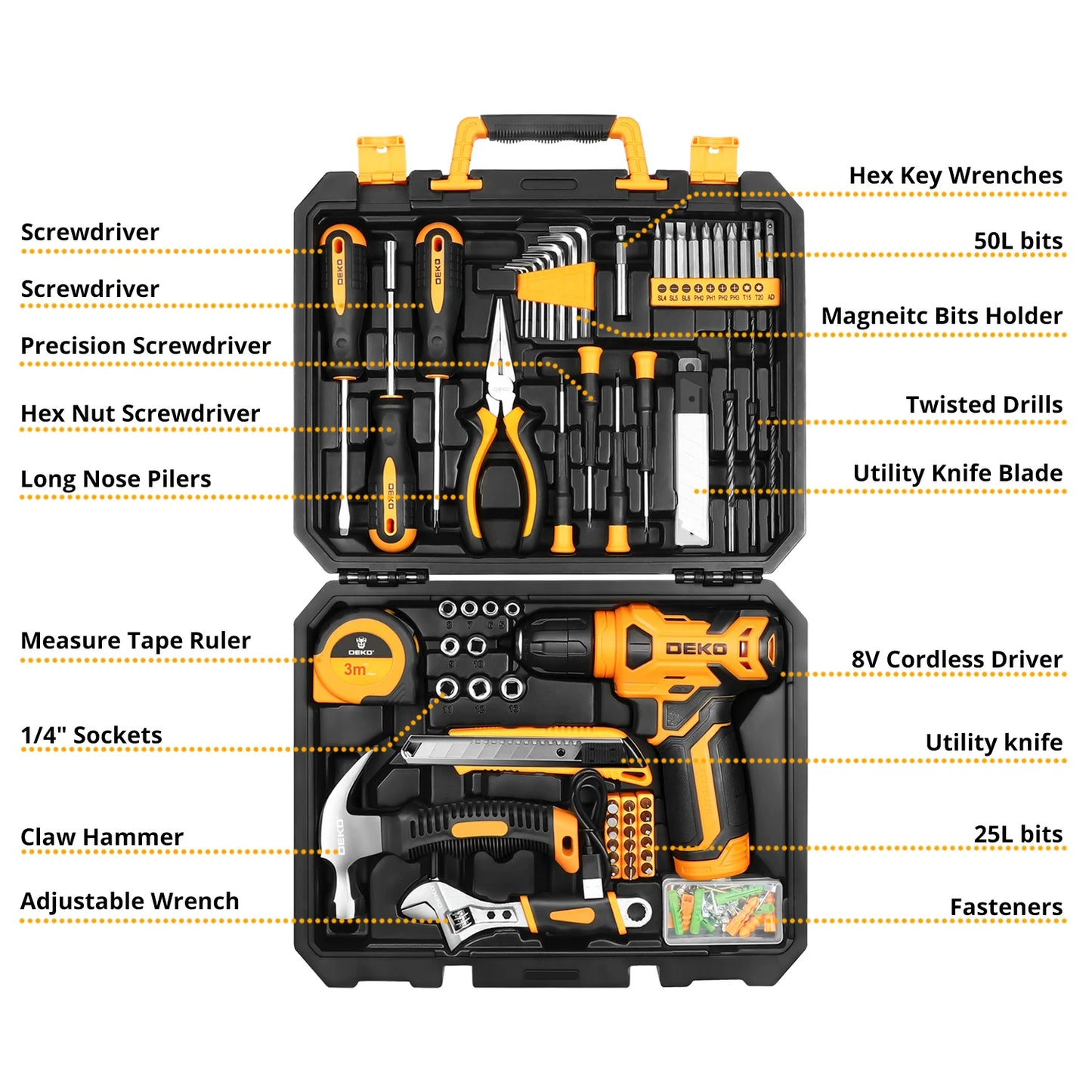 DEKO 126Pcs Power Tool Kit With 8V Drill Keyless Chuck