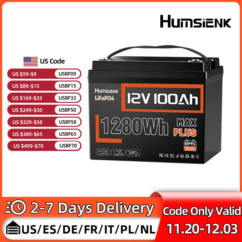 Humsienk LiFePO4 12V 100Ah MAX Battery With 100A BMS Portable