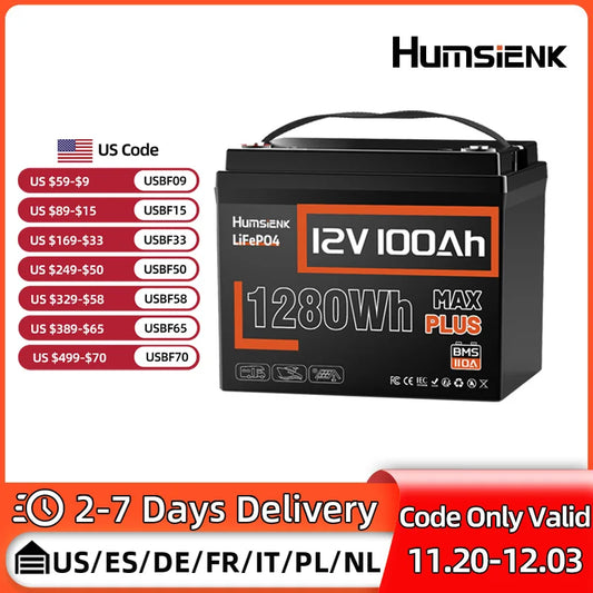 Humsienk LiFePO4 12V 100Ah MAX Battery With 100A BMS Portable