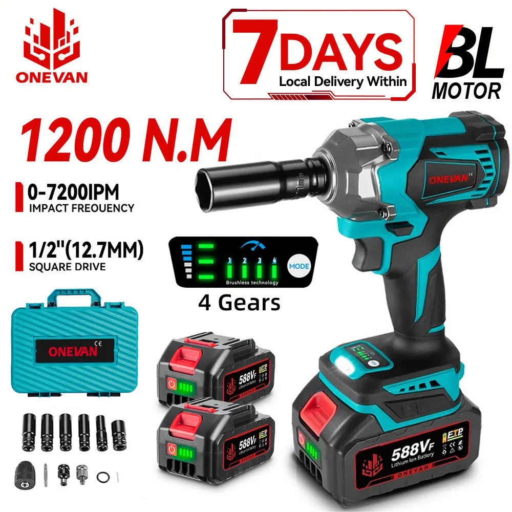 ONEVAN 1200Nm Brushless Impact Wrench With 3 Function Cordless