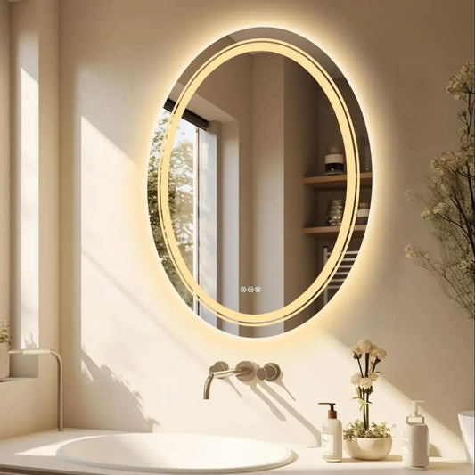 Feature Oval LED Bathroom Mirror With Antifog Smart Touch Dimmable