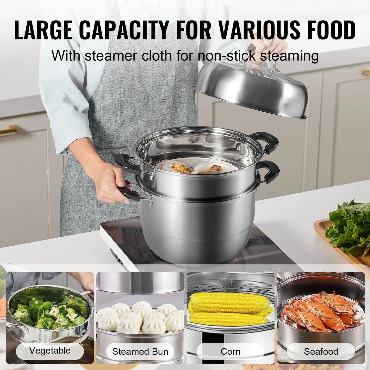 SucceBuy 3 Tier Steamer Pot Stainless Steel Cookware