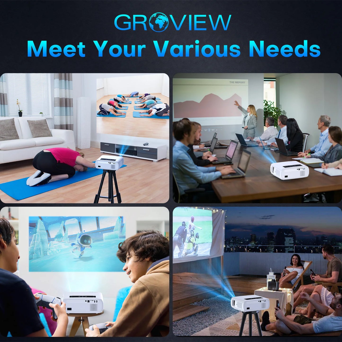 Groview 1080P Projector With WiFi Bluetooth 490 ANSI