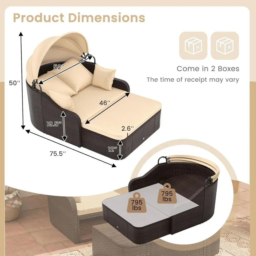 Outdoor Daybed With Retractable Canopy PE Rattan Double Chaise Lounge Pillows