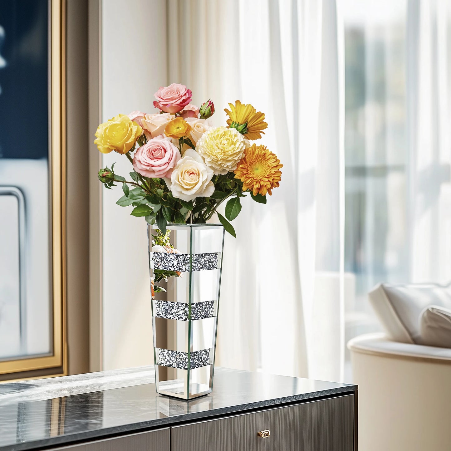 Tall Floor Vase With Crushed Diamond Glass Mirror Panels