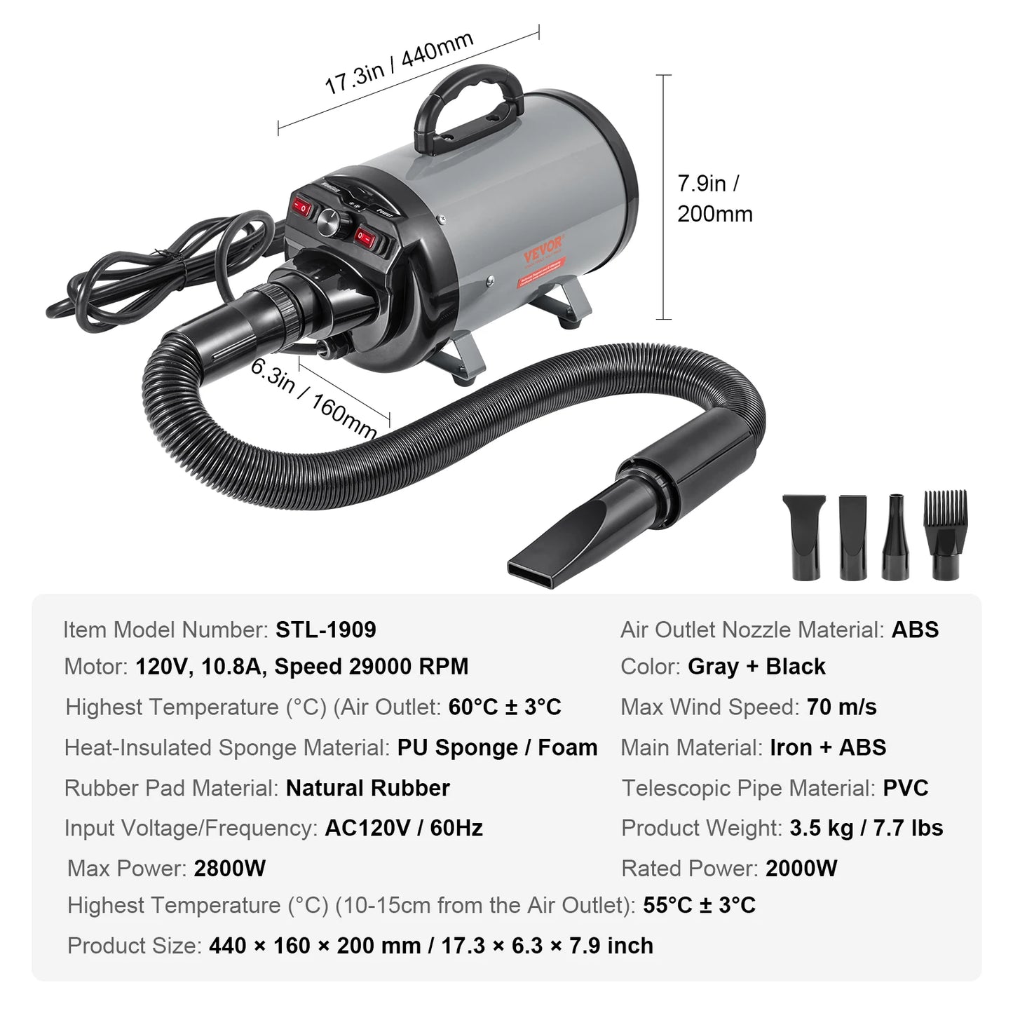 Dog Blow Dryer 2000W Adjustable Speed Temperature Extendable Hose Nozzles