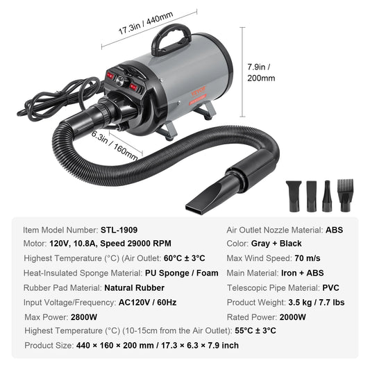 Dog Blow Dryer 2000W Adjustable Speed Temperature Extendable Hose Nozzles