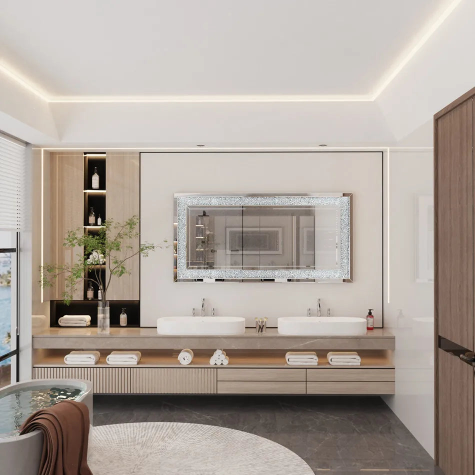 LUVODIH Frameless Crystal Rhinestone Vanity Mirror Wall Mount