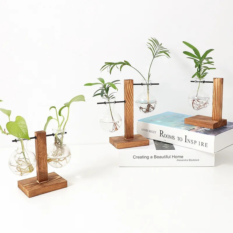 Wooden Frame Hydroponic Vase Transparent Glass Plant Pot For Home