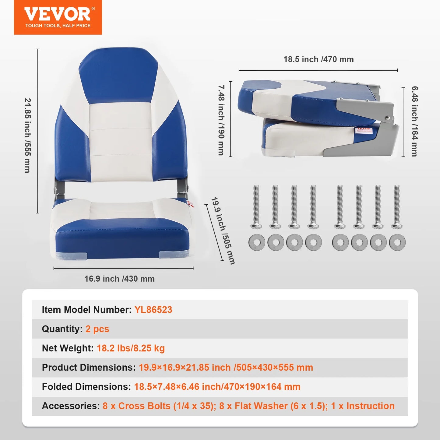 VEVOR High Back Fold-Down Boat Seat Captain Chair 2-Pack