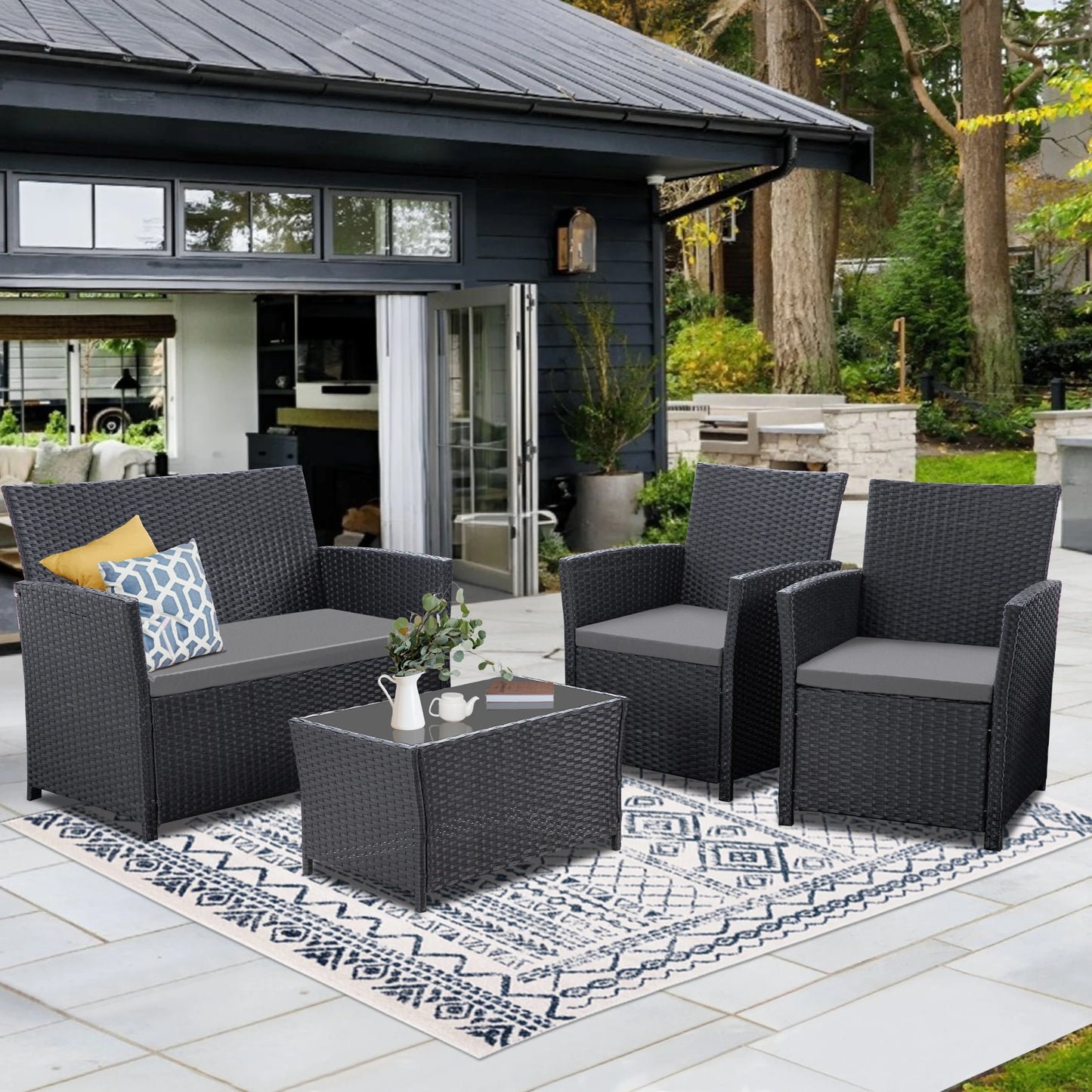 SEOGWISAM 4 Piece Patio Furniture Set Outdoor Wicker Conversation Set