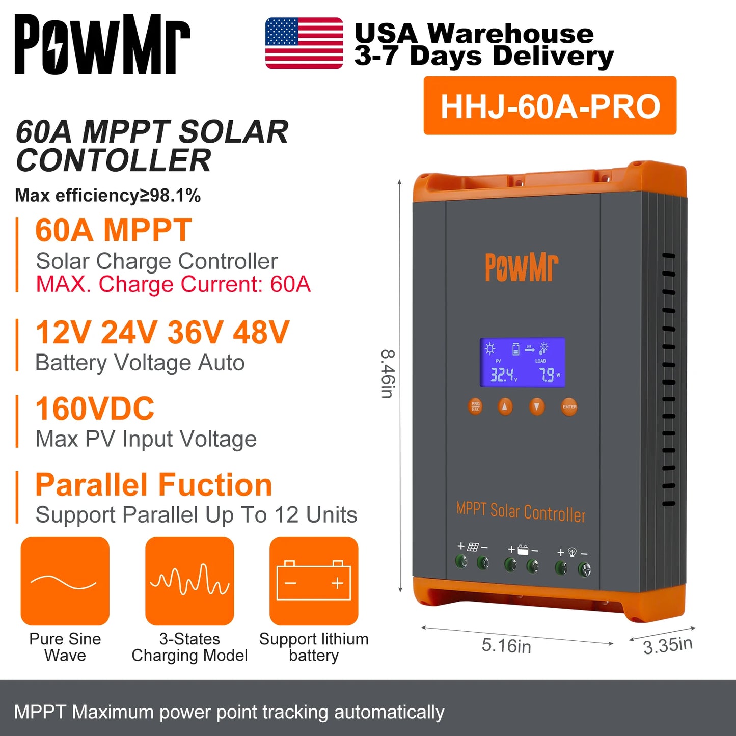 PowMr USA 60A MPPT Solar Charge Controller For 12V 48V