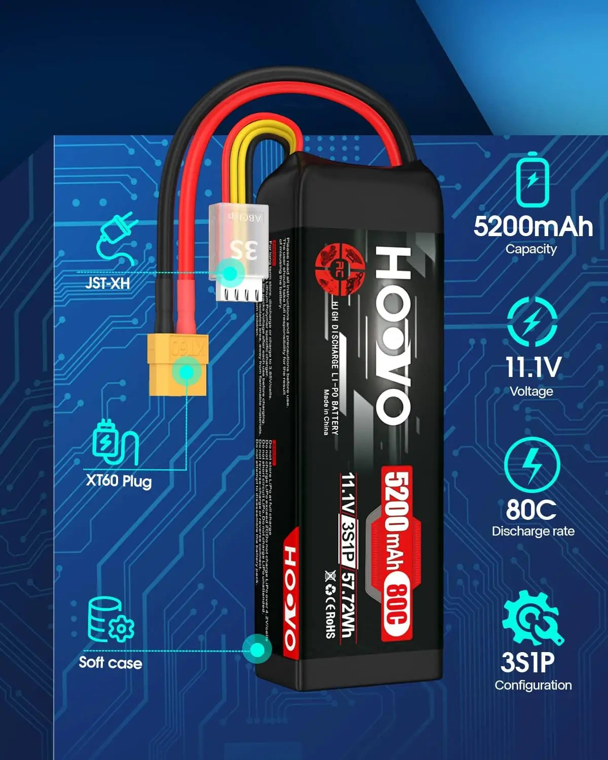 HOOVO 3S LiPo Battery 11.1V 5200mAh 80C Softcase XT60 Plug