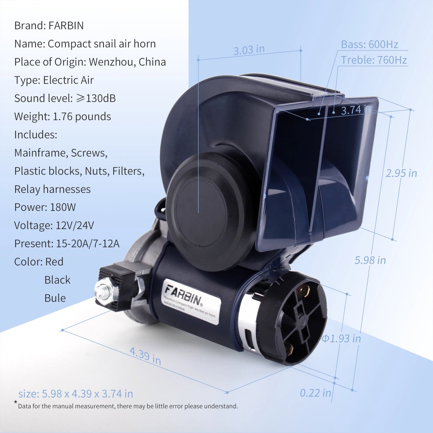 FARBIN Snail Air Horn With Compressor 12V 150dB Dual Tone
