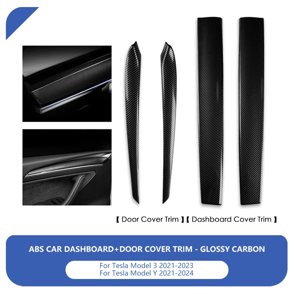 For Tesla Model 3 Y 2021-2023 Dashboard Panel Cover Door Trim Decoration Sticker ABS Carbon Fiber Pattern Decor Car Accessories