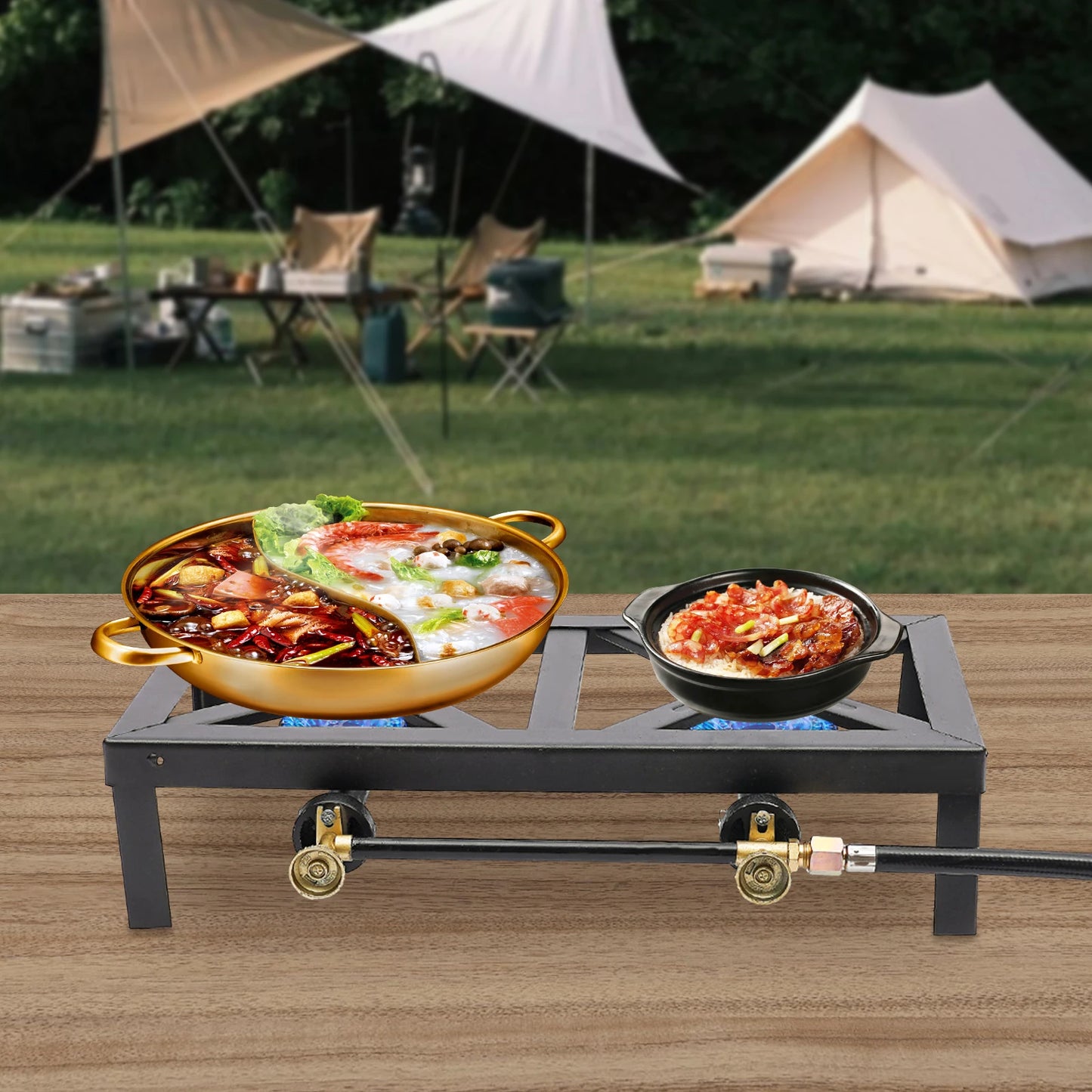Portable Double Burner Outdoor Gas Stove With Adjustable Regulator Hose