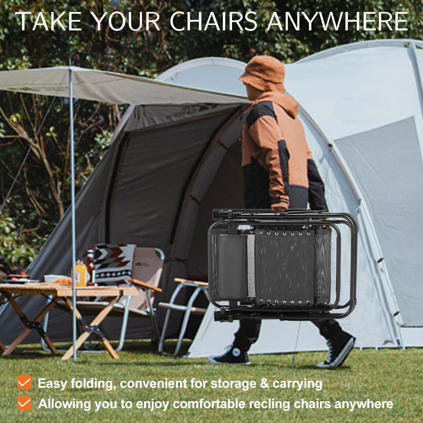 JHK Zero Gravity Set of 2 Portable Recliner Lounge Chairs