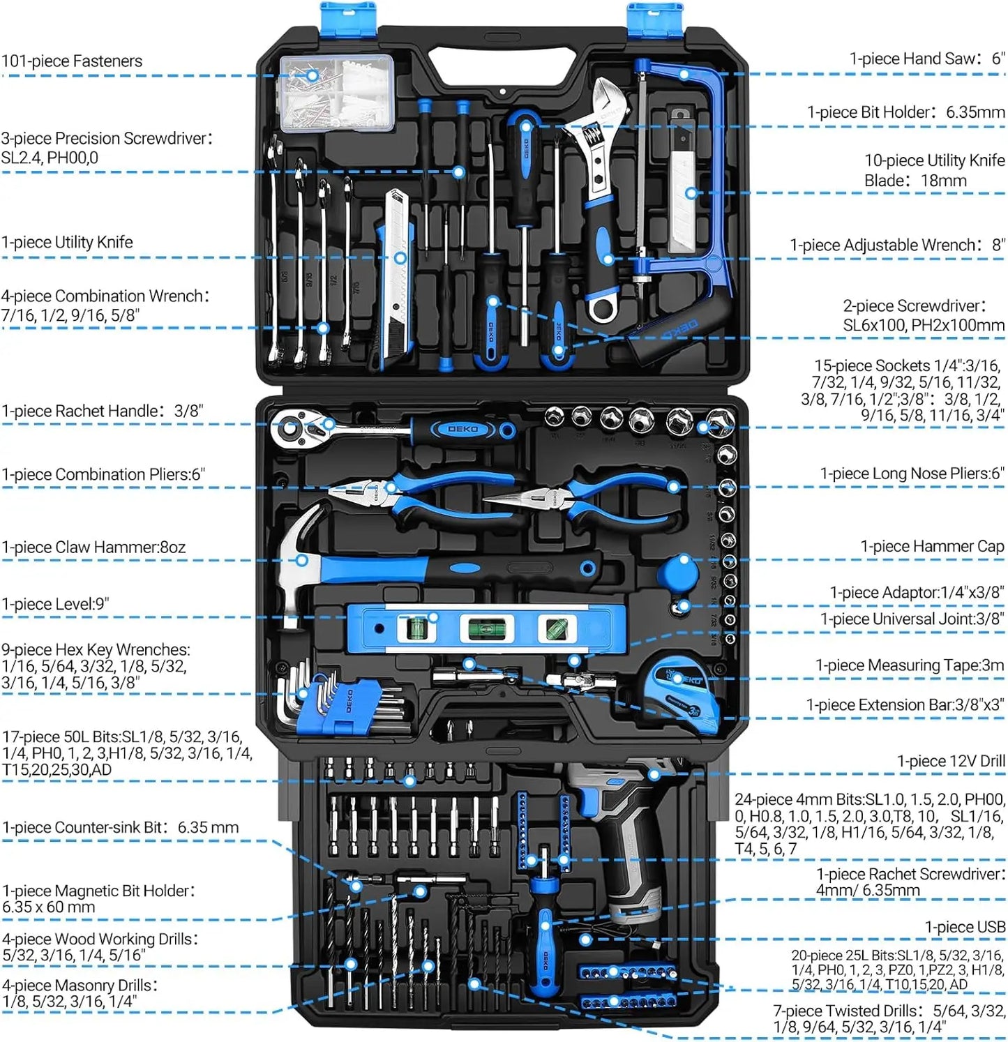 DEKODIY Home Mechanic Toolbox With 12V Cordless Drill Set