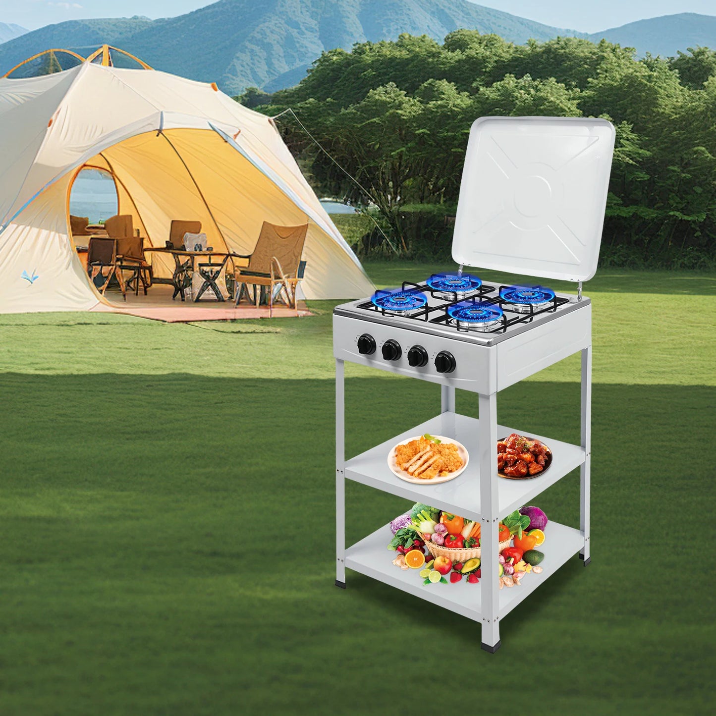 4 Burner Propane Gas Stove With Storage Shelves For Camping