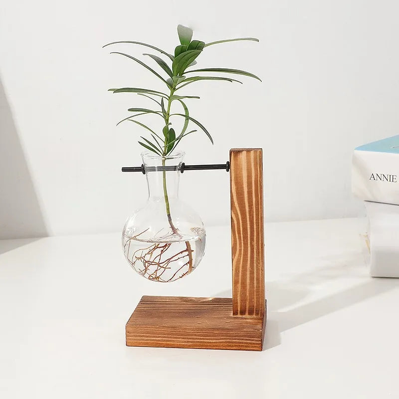Wooden Frame Hydroponic Vase Transparent Glass Plant Pot For Home
