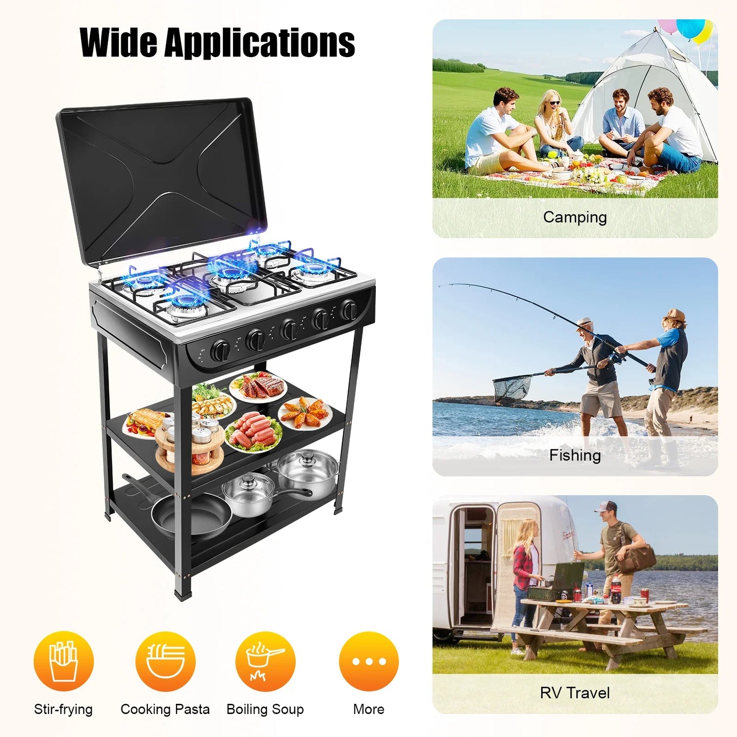 5 Burner Gas Stove Outdoor Camping Grill With 2 Tier Storage Rack