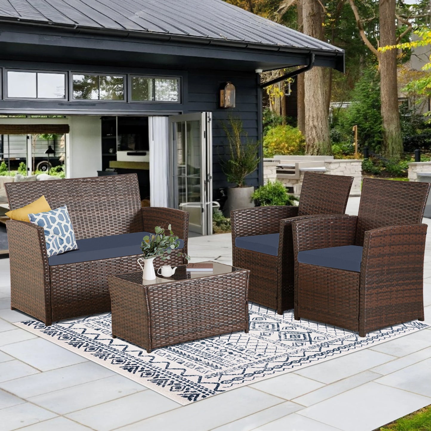 SEOGWISAM 4 Piece Patio Furniture Set Outdoor Wicker Conversation Set