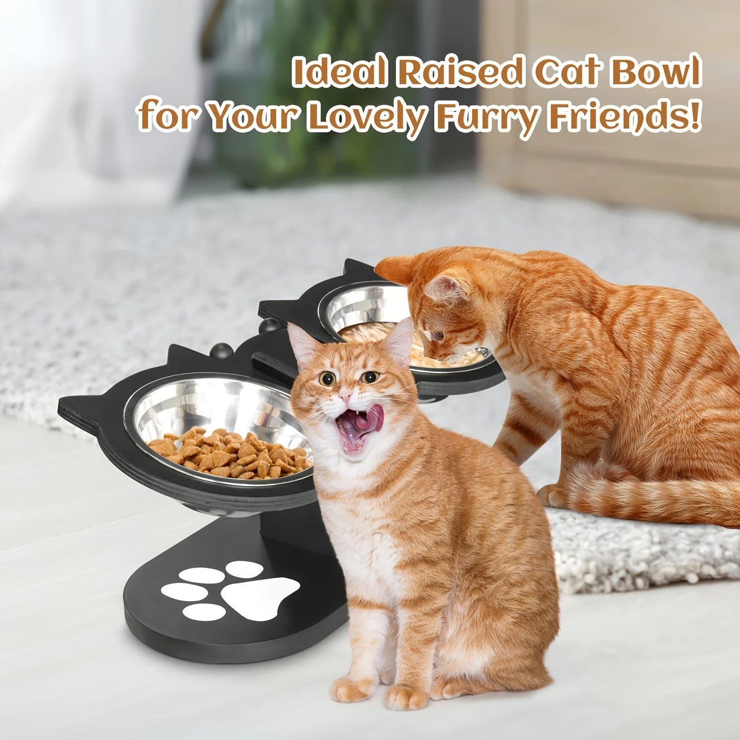 Elevated Cat Bowls Set 15 Degree Tilt With Wooden Stand