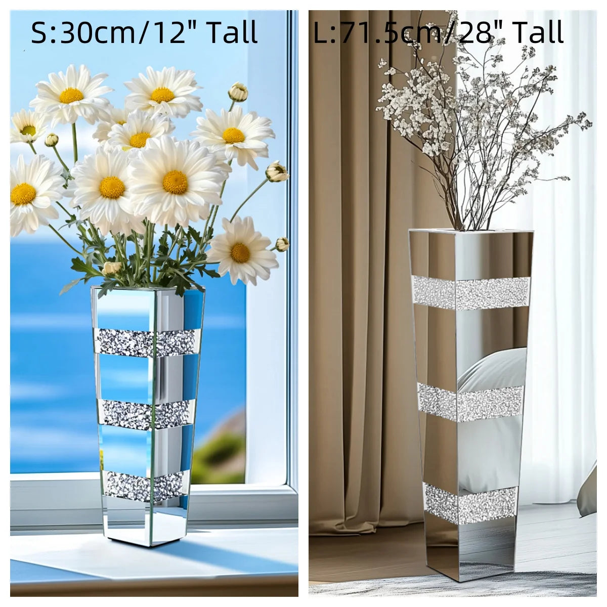 Modern Floor Vase With Crystal Diamond Accents And Mirrored Finish