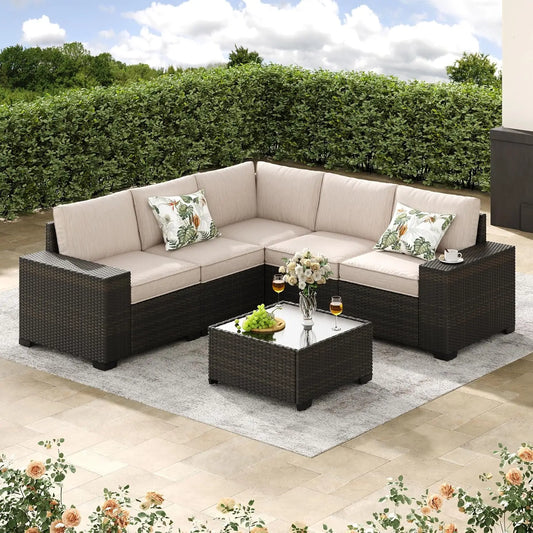 GUOHE L-Shaped Outdoor Wicker Patio Furniture Set With Cushions And Glass Table