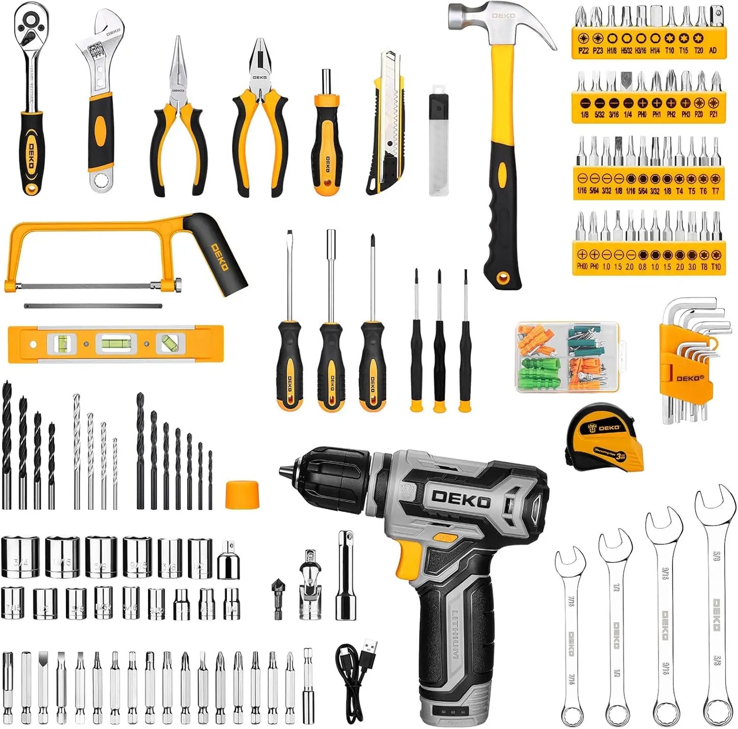 DEKODIY Home Mechanic Toolbox With 12V Cordless Drill Set